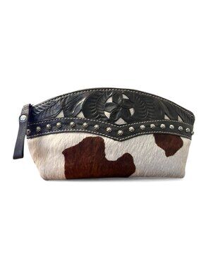 American West Hand Tooled Leather Animal Hair Small Travel Cosmetic Zip Up Bag